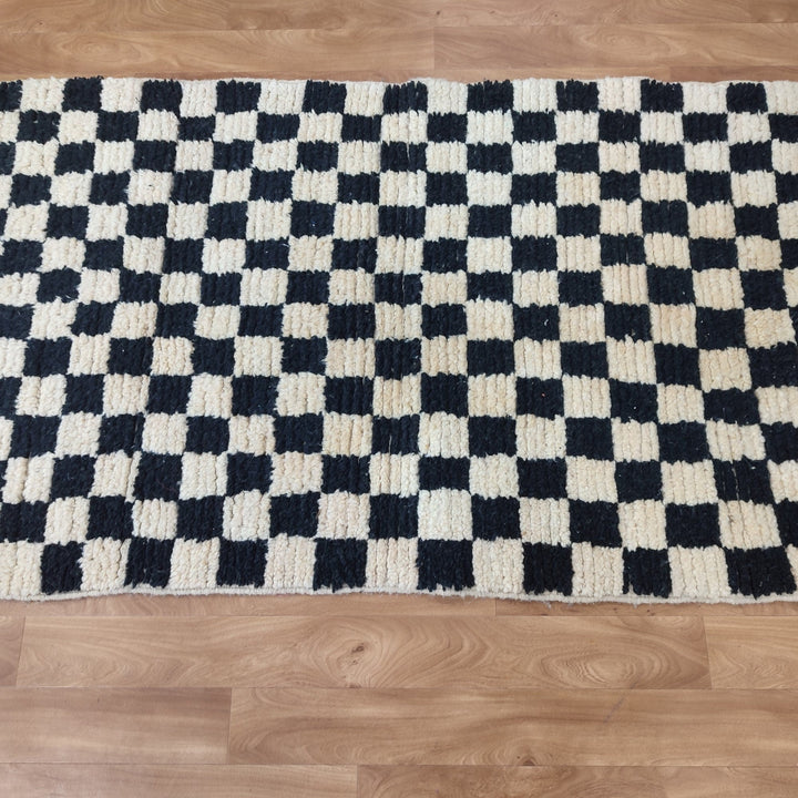 ..feet  moroccan berber shaggy rug, black and white wool checkered rug, checkered rug, checkerboard rug, handmade checkered rug