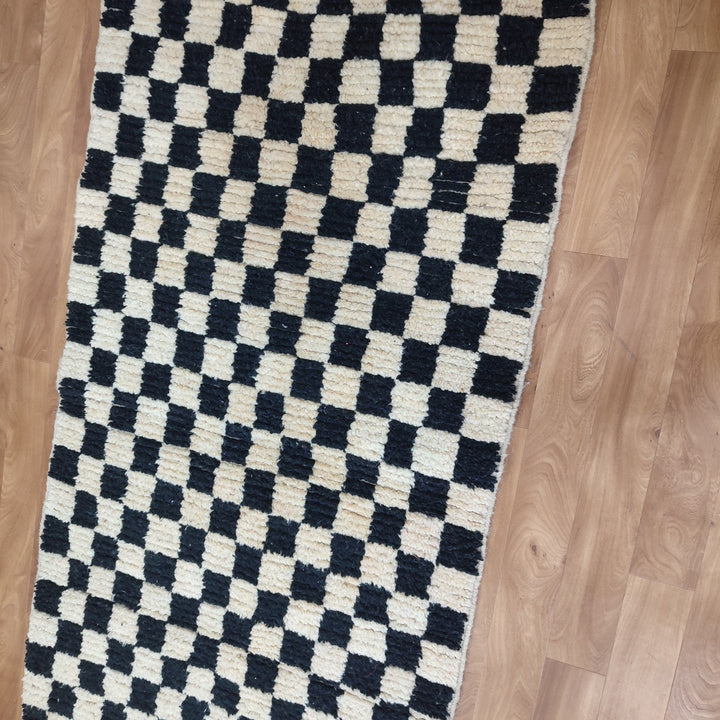 ..feet  moroccan berber shaggy rug, black and white wool checkered rug, checkered rug, checkerboard rug, handmade checkered rug