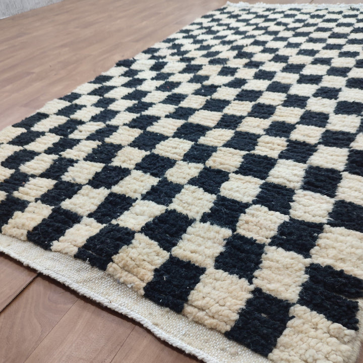 ..feet  moroccan berber shaggy rug, black and white wool checkered rug, checkered rug, checkerboard rug, handmade checkered rug