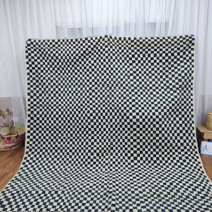   moroccan berber shaggy rug, black and white wool checkered rug, checkered rug, checkerboard rug, handmade checkered rug