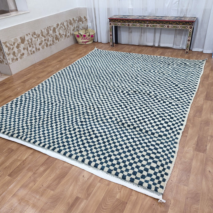   moroccan berber shaggy rug, black and white wool checkered rug, checkered rug, checkerboard rug, handmade checkered rug