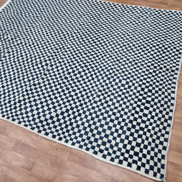   moroccan berber shaggy rug, black and white wool checkered rug, checkered rug, checkerboard rug, handmade checkered rug