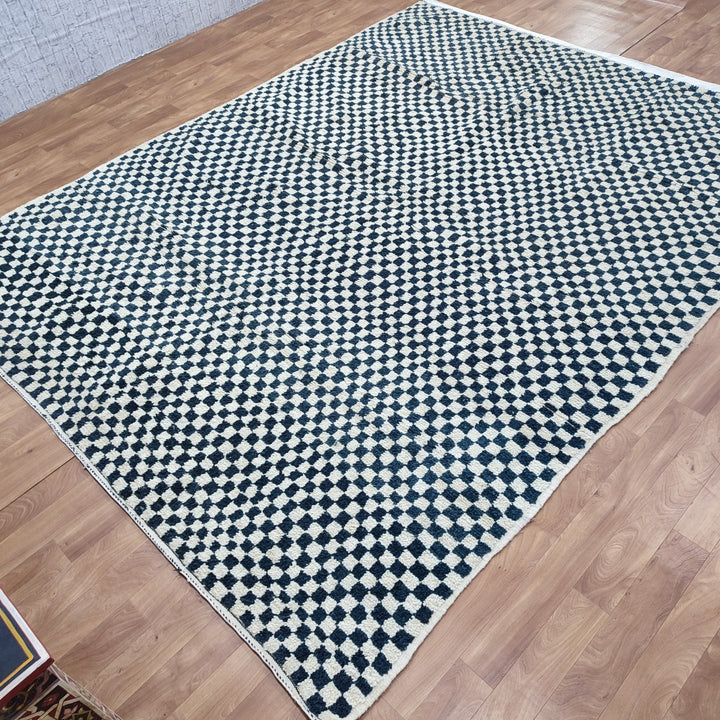   moroccan berber shaggy rug, black and white wool checkered rug, checkered rug, checkerboard rug, handmade checkered rug