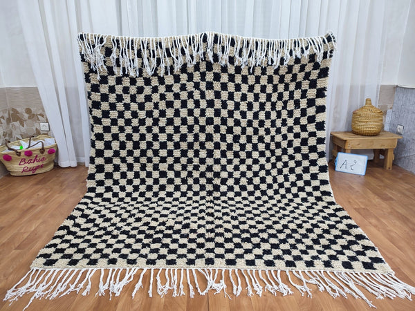 .. feet  moroccan berber shaggy rug, black and white wool checkered rug, checkered rug, checkerboard rug, handmade checkered rug