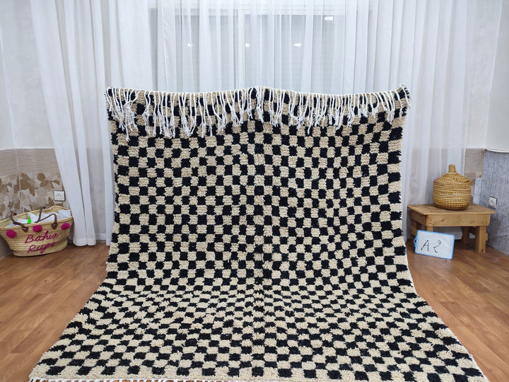 .. feet  moroccan berber shaggy rug, black and white wool checkered rug, checkered rug, checkerboard rug, handmade checkered rug