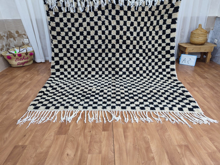 .. feet  moroccan berber shaggy rug, black and white wool checkered rug, checkered rug, checkerboard rug, handmade checkered rug