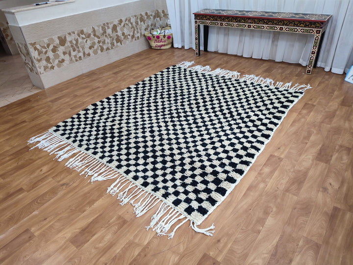 .. feet  moroccan berber shaggy rug, black and white wool checkered rug, checkered rug, checkerboard rug, handmade checkered rug