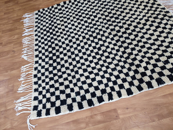 .. feet  moroccan berber shaggy rug, black and white wool checkered rug, checkered rug, checkerboard rug, handmade checkered rug