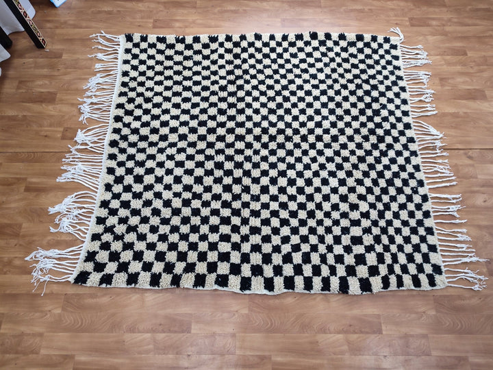 .. feet  moroccan berber shaggy rug, black and white wool checkered rug, checkered rug, checkerboard rug, handmade checkered rug