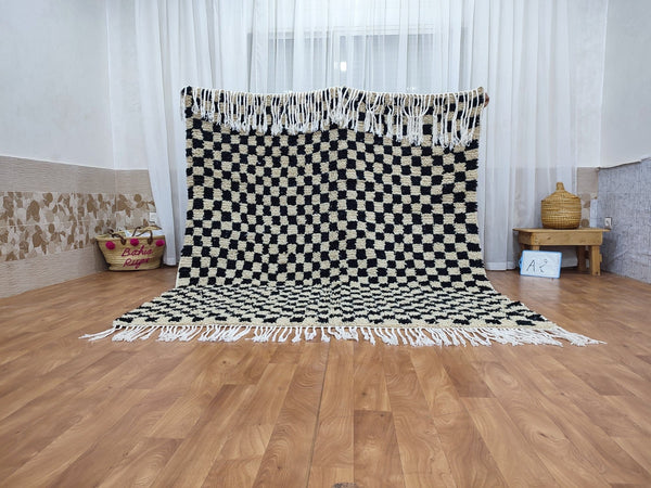 .  feet  moroccan berber shaggy rug, black and white wool checkered rug, checkered rug, checkerboard rug, handmade checkered rug