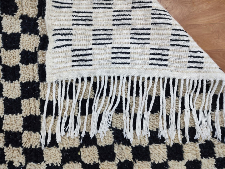 .  feet  moroccan berber shaggy rug, black and white wool checkered rug, checkered rug, checkerboard rug, handmade checkered rug