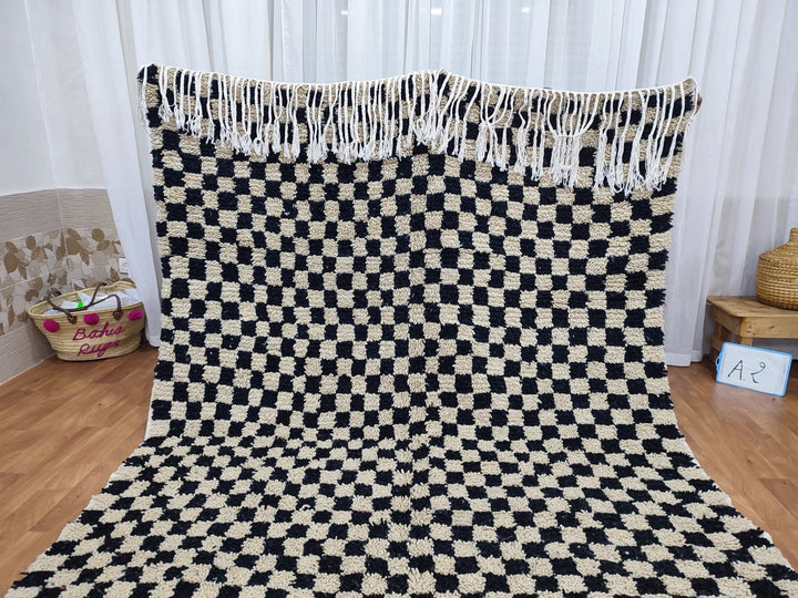 .  feet  moroccan berber shaggy rug, black and white wool checkered rug, checkered rug, checkerboard rug, handmade checkered rug