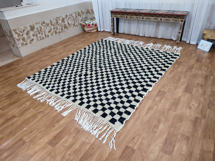 .  feet  moroccan berber shaggy rug, black and white wool checkered rug, checkered rug, checkerboard rug, handmade checkered rug