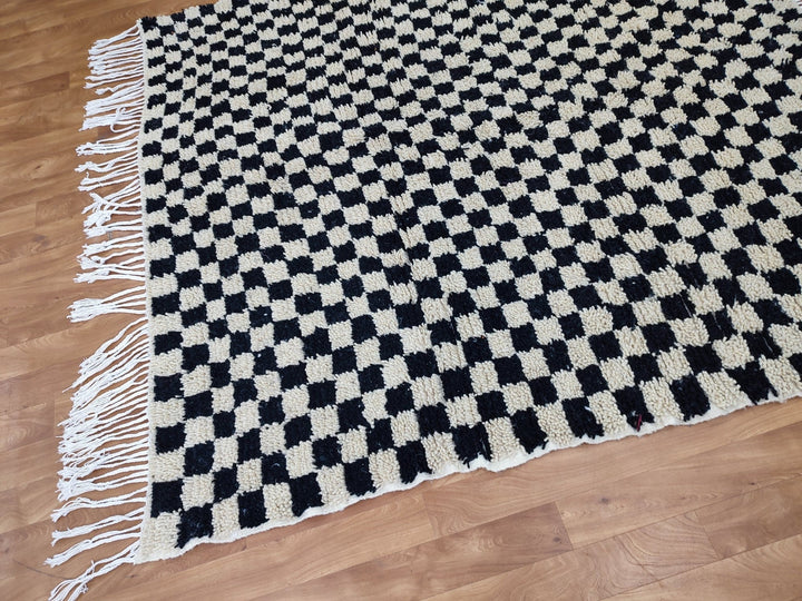 .  feet  moroccan berber shaggy rug, black and white wool checkered rug, checkered rug, checkerboard rug, handmade checkered rug