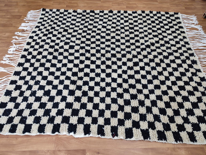 .  feet  moroccan berber shaggy rug, black and white wool checkered rug, checkered rug, checkerboard rug, handmade checkered rug