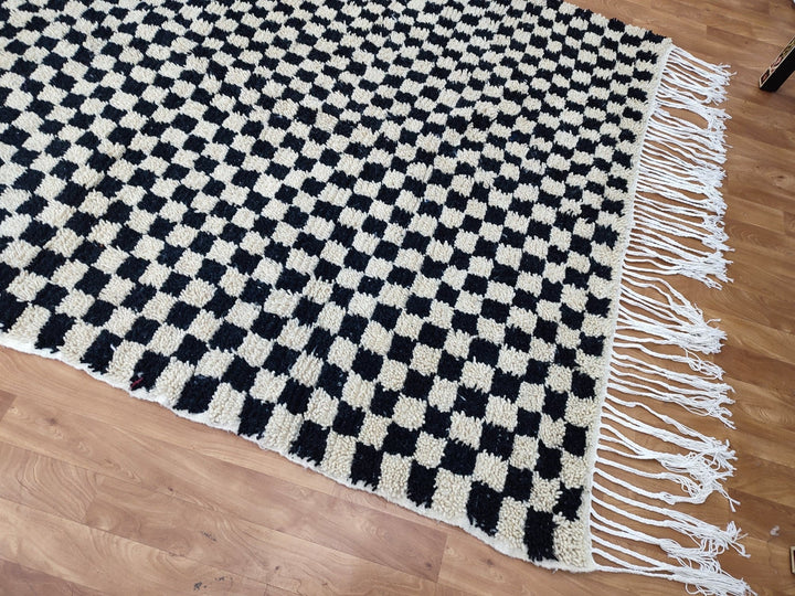 .  feet  moroccan berber shaggy rug, black and white wool checkered rug, checkered rug, checkerboard rug, handmade checkered rug