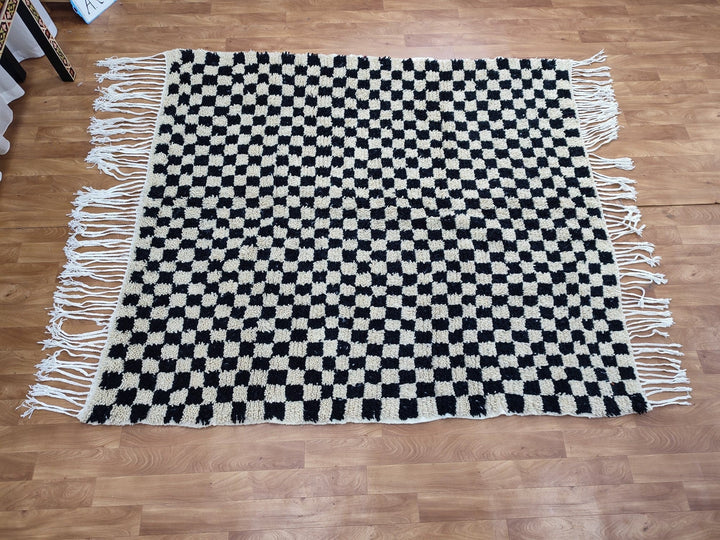 .  feet  moroccan berber shaggy rug, black and white wool checkered rug, checkered rug, checkerboard rug, handmade checkered rug