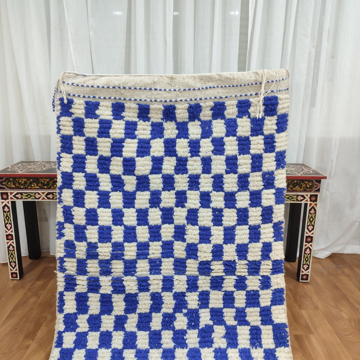 .. feet  moroccan berber shaggy rug, blue and white wool checkered rug, checkered rug, checkerboard rug, handmade checkered rug