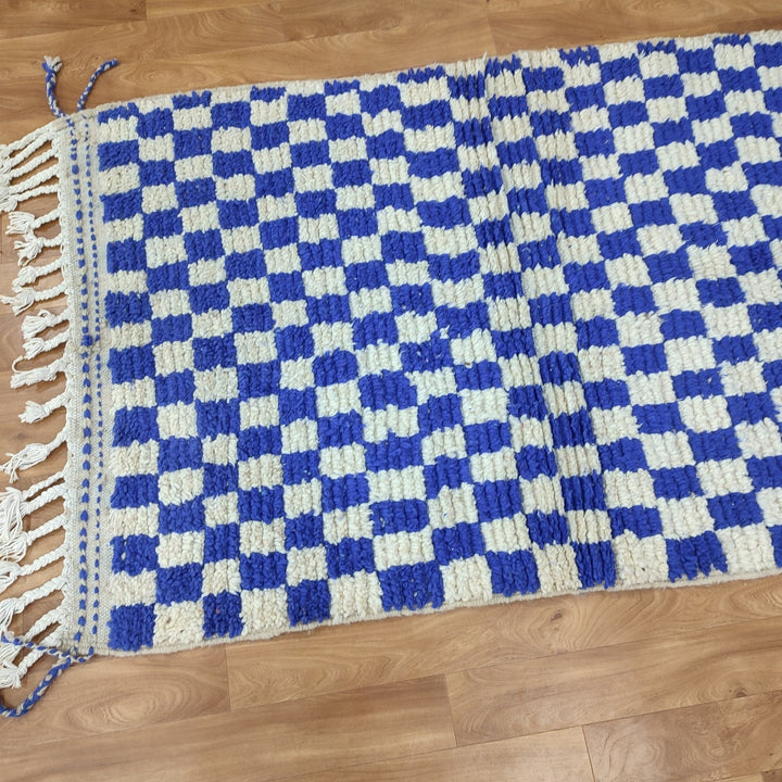 .. feet  moroccan berber shaggy rug, blue and white wool checkered rug, checkered rug, checkerboard rug, handmade checkered rug