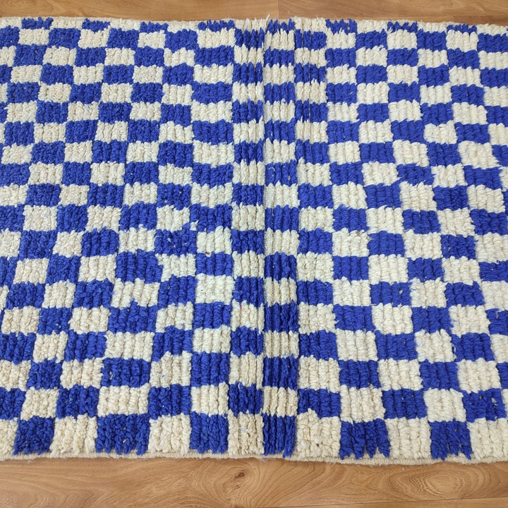 .. feet  moroccan berber shaggy rug, blue and white wool checkered rug, checkered rug, checkerboard rug, handmade checkered rug