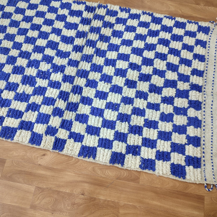 .. feet  moroccan berber shaggy rug, blue and white wool checkered rug, checkered rug, checkerboard rug, handmade checkered rug