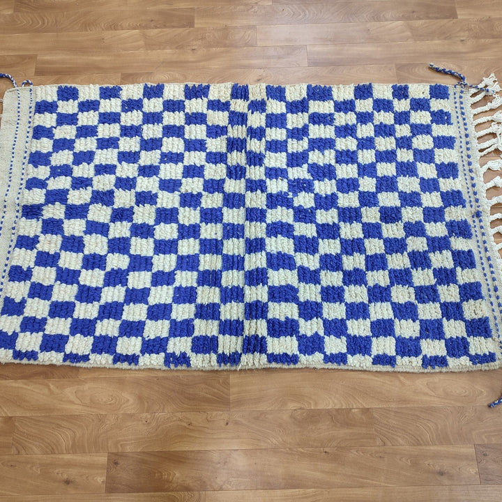 .. feet  moroccan berber shaggy rug, blue and white wool checkered rug, checkered rug, checkerboard rug, handmade checkered rug