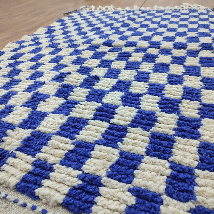 .. feet  moroccan berber shaggy rug, blue and white wool checkered rug, checkered rug, checkerboard rug, handmade checkered rug