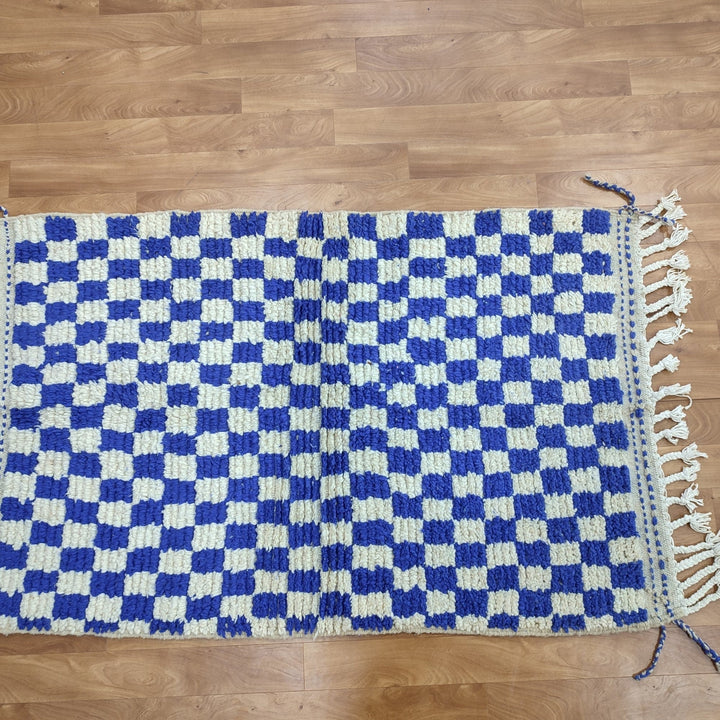 .. feet  moroccan berber shaggy rug, blue and white wool checkered rug, checkered rug, checkerboard rug, handmade checkered rug