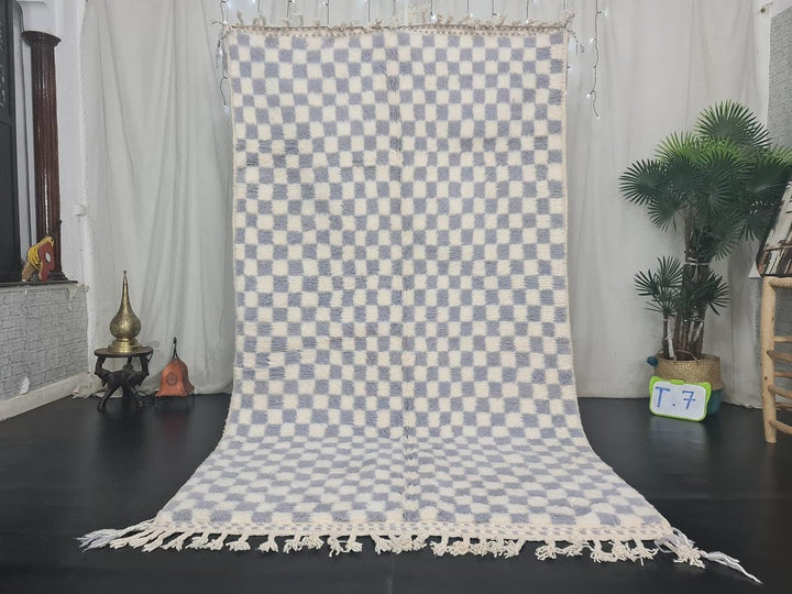 MOROCCAN HANDMADE CARPET, Beni Ourain Rug, White  Gray Rug, Handmade Checkered Rug, Moroccan Wool Rug, Azilal Rug, Handmade Wool Carpet.