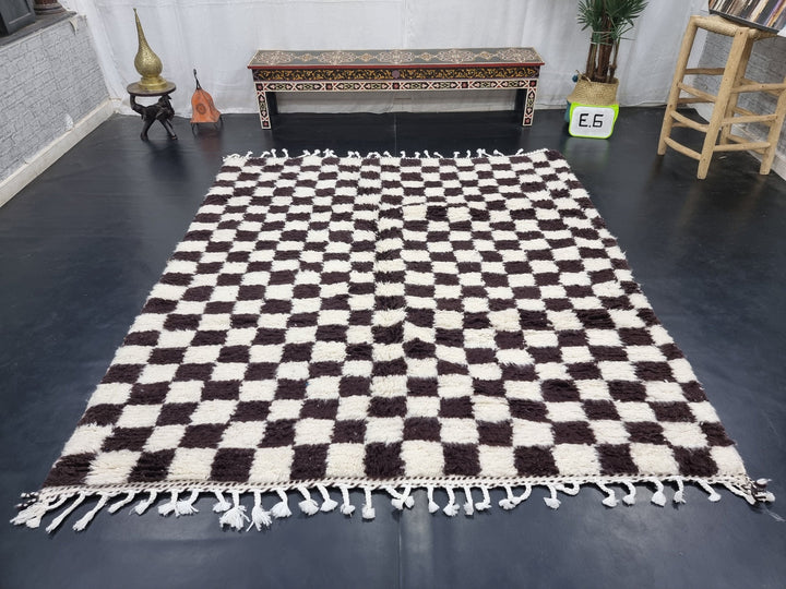 MOROCCAN HANDMADE RUG,Beni Ourain Checkered Rug, Handmade Wool Rug, Azilal Checker Carpet, Tribal Sheep Wool Rug, White And Dark Brown Rug.