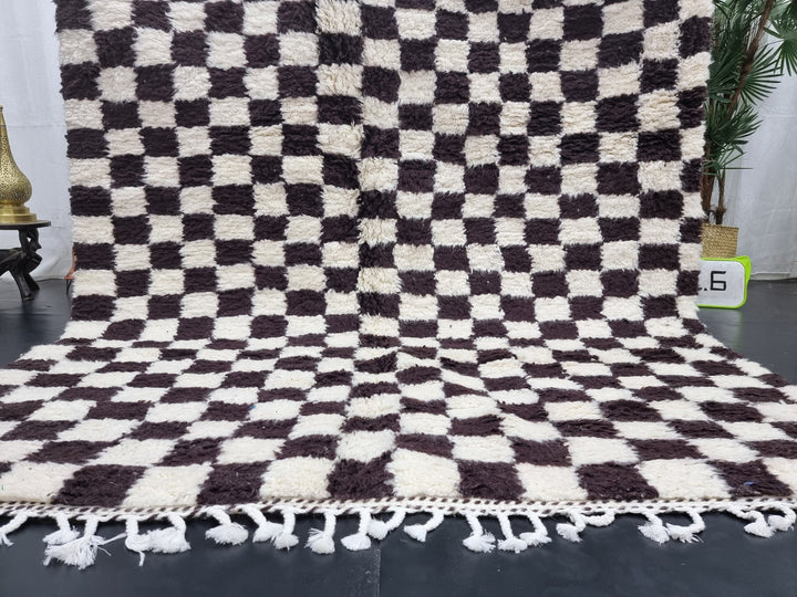 MOROCCAN HANDMADE RUG,Beni Ourain Checkered Rug, Handmade Wool Rug, Azilal Checker Carpet, Tribal Sheep Wool Rug, White And Dark Brown Rug.