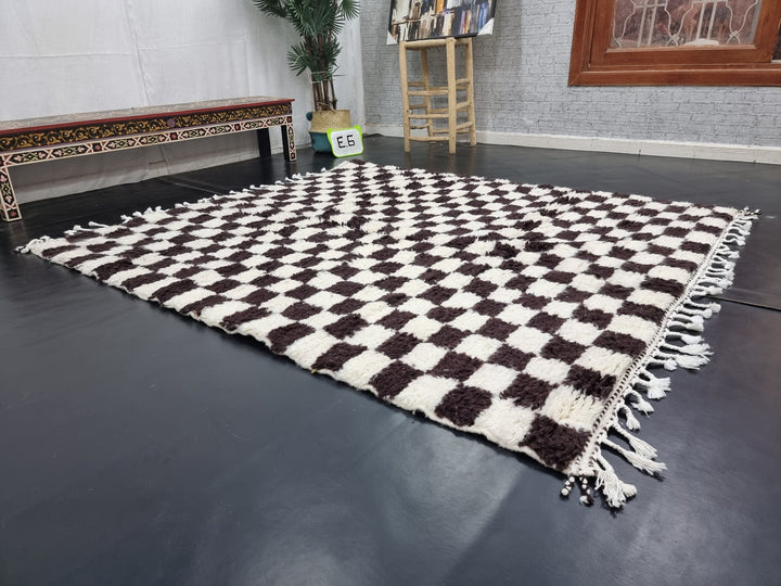 MOROCCAN HANDMADE RUG,Beni Ourain Checkered Rug, Handmade Wool Rug, Azilal Checker Carpet, Tribal Sheep Wool Rug, White And Dark Brown Rug.