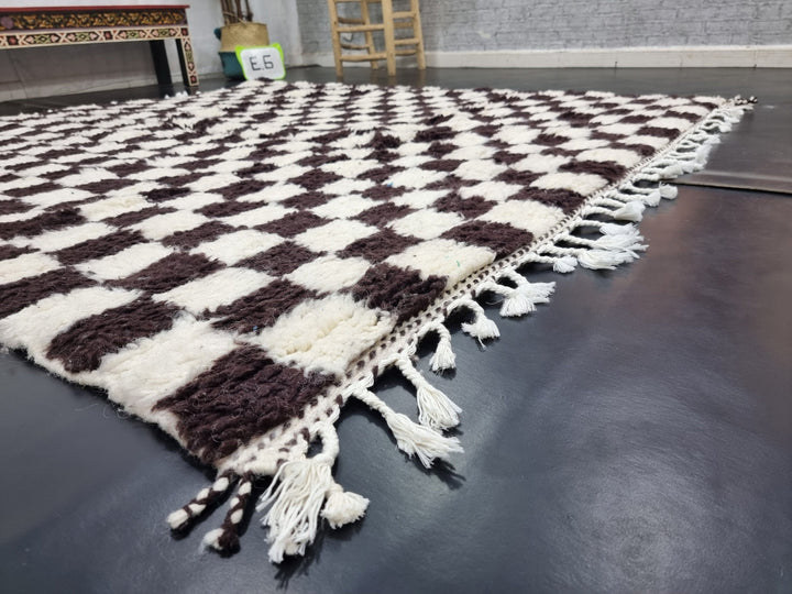 MOROCCAN HANDMADE RUG,Beni Ourain Checkered Rug, Handmade Wool Rug, Azilal Checker Carpet, Tribal Sheep Wool Rug, White And Dark Brown Rug.