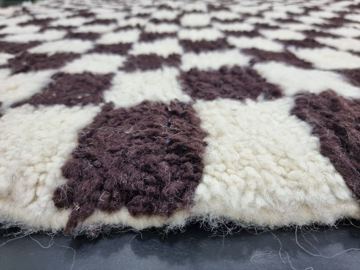 MOROCCAN HANDMADE RUG,Beni Ourain Checkered Rug, Handmade Wool Rug, Azilal Checker Carpet, Tribal Sheep Wool Rug, White And Dark Brown Rug.