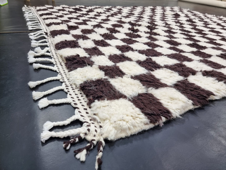 MOROCCAN HANDMADE RUG,Beni Ourain Checkered Rug, Handmade Wool Rug, Azilal Checker Carpet, Tribal Sheep Wool Rug, White And Dark Brown Rug.