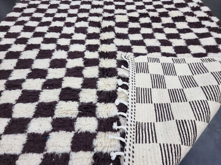 MOROCCAN HANDMADE RUG,Beni Ourain Checkered Rug, Handmade Wool Rug, Azilal Checker Carpet, Tribal Sheep Wool Rug, White And Dark Brown Rug.