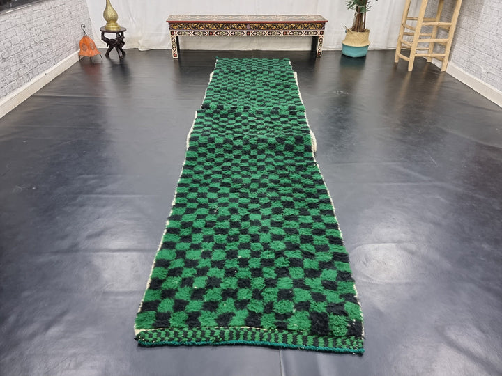 MOROCCAN HANDMADE RUNNER, Beni Ourain Checkered Runner, Handmade Wool Runner Rug, Moroccan Checker Runner, Black And Green Carpet,Azilal Rug