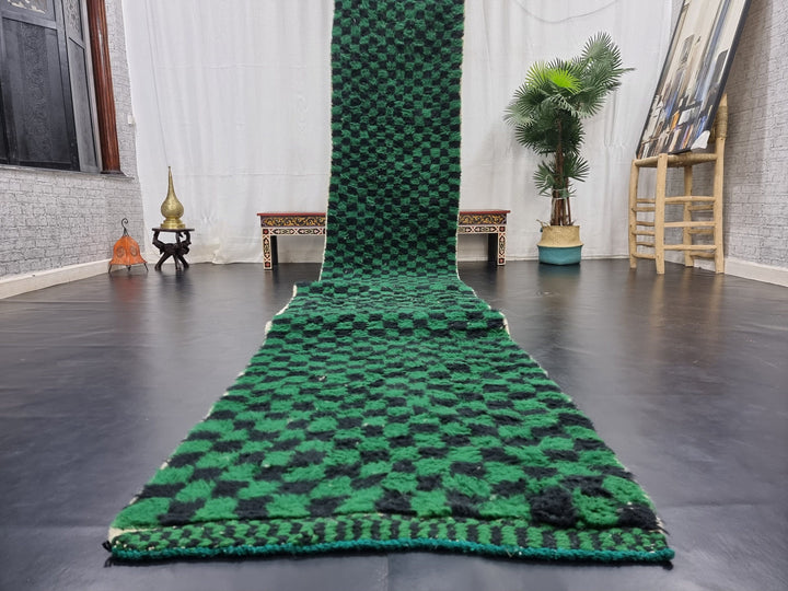 MOROCCAN HANDMADE RUNNER, Beni Ourain Checkered Runner, Handmade Wool Runner Rug, Moroccan Checker Runner, Black And Green Carpet,Azilal Rug