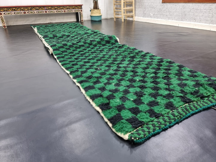 MOROCCAN HANDMADE RUNNER, Beni Ourain Checkered Runner, Handmade Wool Runner Rug, Moroccan Checker Runner, Black And Green Carpet,Azilal Rug