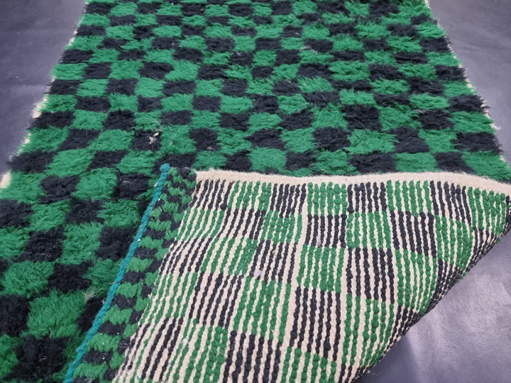 MOROCCAN HANDMADE RUNNER, Beni Ourain Checkered Runner, Handmade Wool Runner Rug, Moroccan Checker Runner, Black And Green Carpet,Azilal Rug