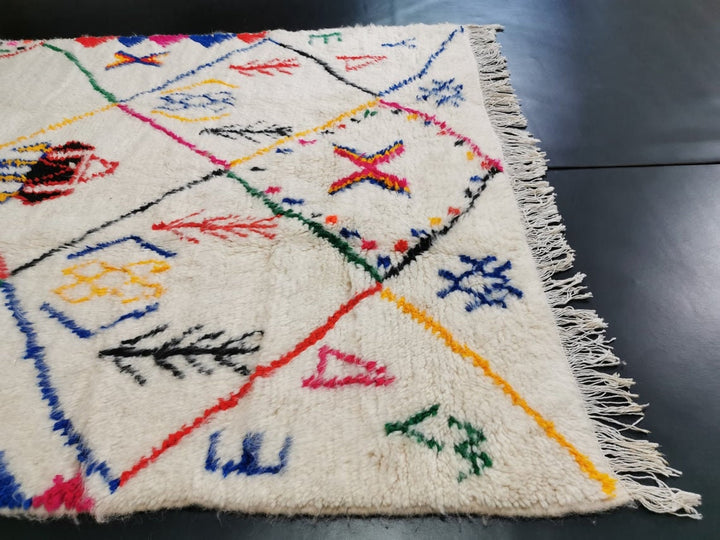 MOROCCAN WOOL RUG, Handmade Wool Rug, Berber Symbols Rug, Azilal White Wool Rug, Abstract Wool Rug, Handmade Berber Rug, Funky Rug, Area Rug