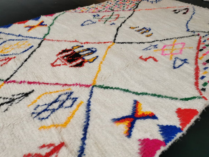 MOROCCAN WOOL RUG, Handmade Wool Rug, Berber Symbols Rug, Azilal White Wool Rug, Abstract Wool Rug, Handmade Berber Rug, Funky Rug, Area Rug