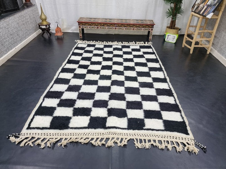 PRETTY BENIOURAIN CARPET, Moroccan Handmade Rug, Checkered Black And White Rug, Checker Rug, Handmade Wool Carpet, Azilal Rug, Handwoven Rug