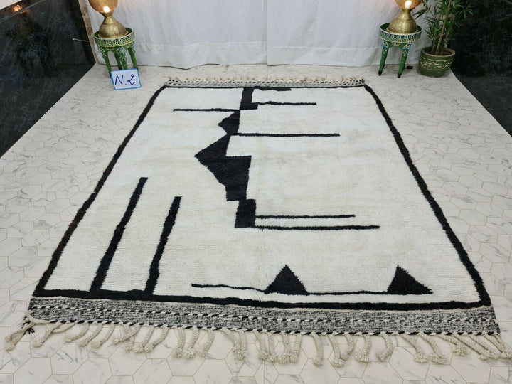 PRETTY BENIOURAIN CARPET, Moroccan Handmade Rug, White And Black Rug, Abstract Rug, Handmade Wool Carpet, Azilal Berber Rug, Handwoven Rug