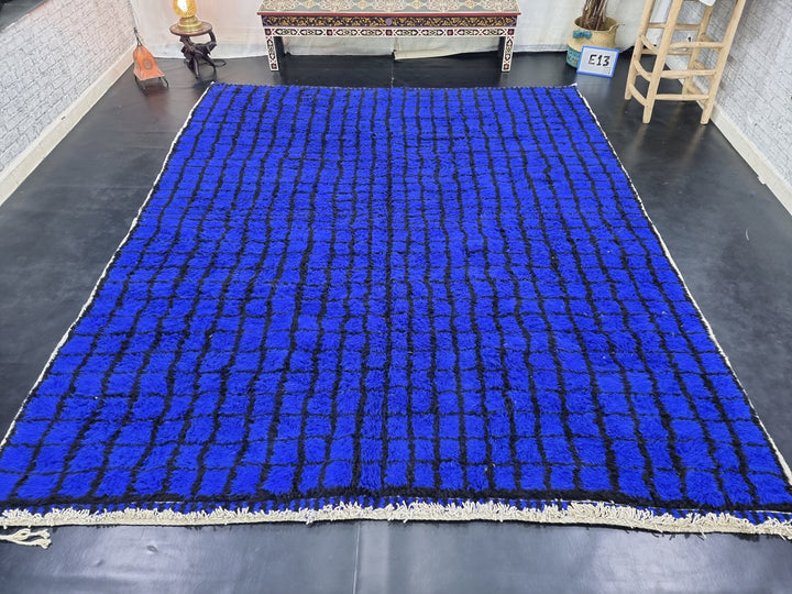 PRETTY BERBER RUG, Moroccan Handmade Carpet, Azilal Rug, Checkered Beniourain Rug, Sheep Wool rug, Royal Blue And Black Rug, Moroccan Rug.