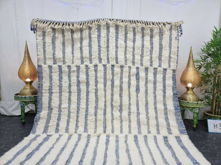 STUNNING BENIOURAIN CARPET, Moroccan Handmade Rug, White And Blue Rug, Striped Rug, Handmade Wool Carpet, Azilal Berber Rug, Handwoven Rug