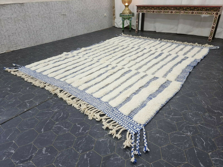 STUNNING BENIOURAIN CARPET, Moroccan Handmade Rug, White And Blue Rug, Striped Rug, Handmade Wool Carpet, Azilal Berber Rug, Handwoven Rug