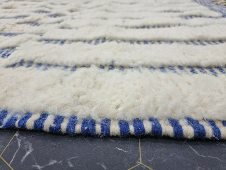 STUNNING BENIOURAIN CARPET, Moroccan Handmade Rug, White And Blue Rug, Striped Rug, Handmade Wool Carpet, Azilal Berber Rug, Handwoven Rug