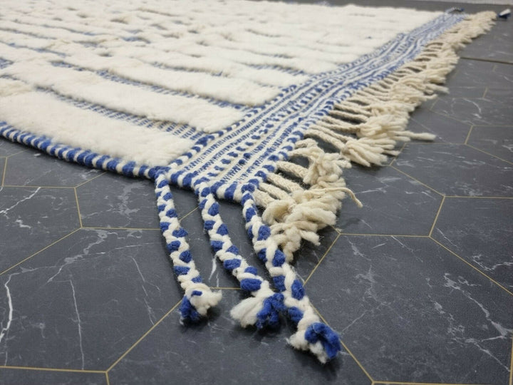 STUNNING BENIOURAIN CARPET, Moroccan Handmade Rug, White And Blue Rug, Striped Rug, Handmade Wool Carpet, Azilal Berber Rug, Handwoven Rug