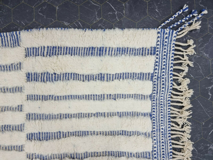 STUNNING BENIOURAIN CARPET, Moroccan Handmade Rug, White And Blue Rug, Striped Rug, Handmade Wool Carpet, Azilal Berber Rug, Handwoven Rug